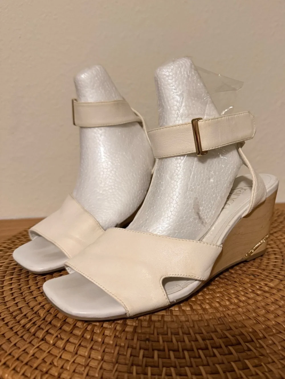 Franco Sarto Cream Wedge Sandals with Ankle Strap